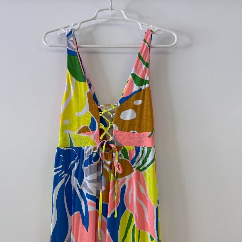 Maaji Marea Pink, Yellow, Blue Neon Deep Plunge Tiered Maxi Dress - Picture 5 of 6